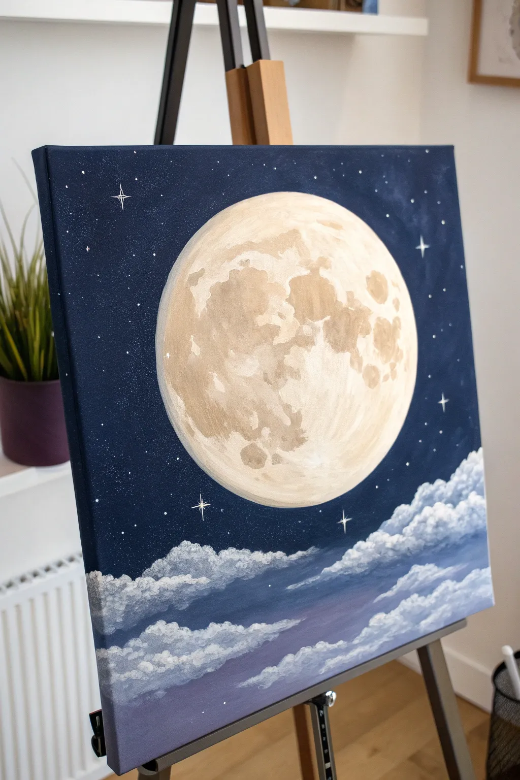 Dreamy beginner acrylic: a glowing moon with misty clouds on a deep indigo night sky