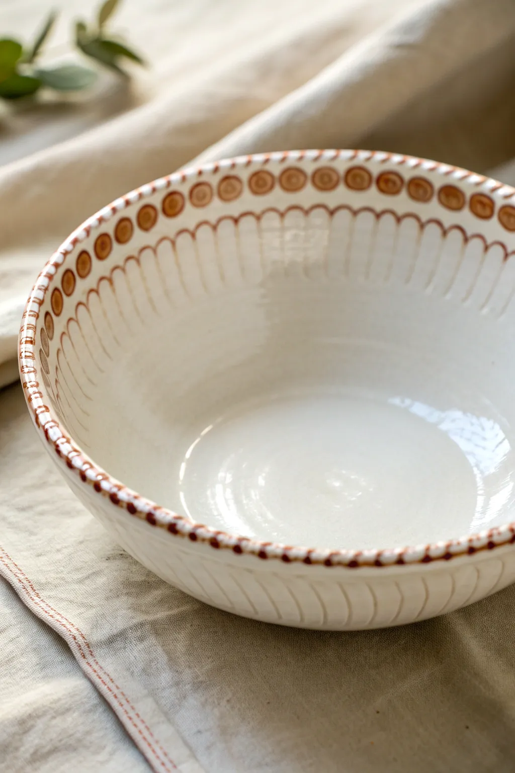 Minimal rim border: tiny scallops or dashes on a mostly white bowl, bright and airy