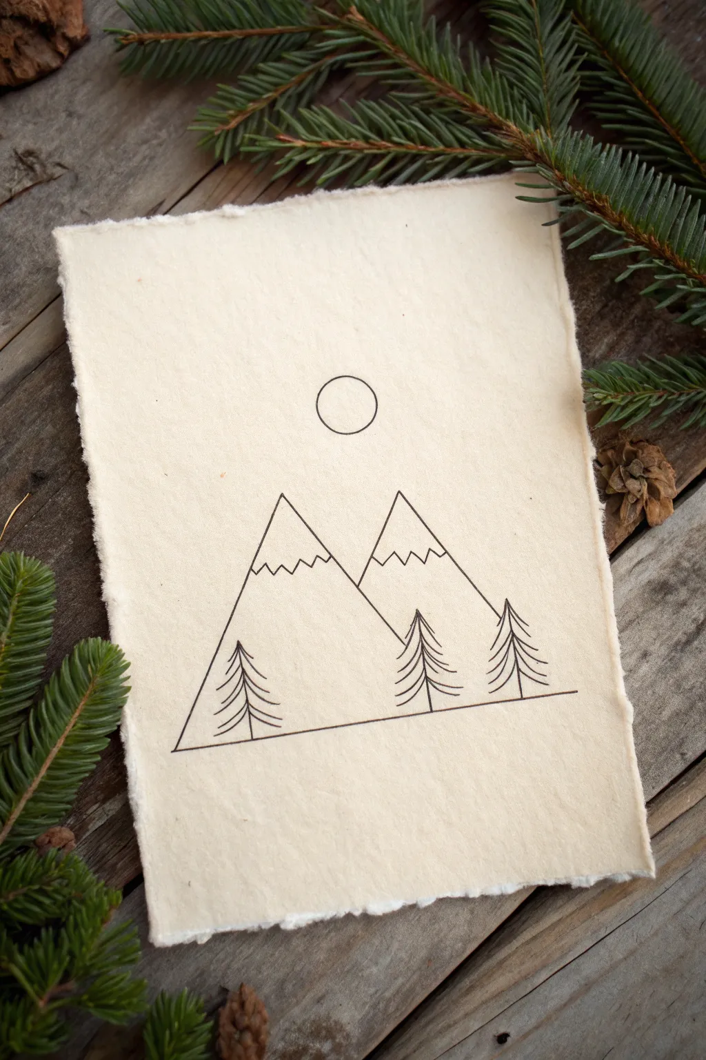 Beginner mountain horizon line drawing idea with a simple sun and tiny pines, minimalist and calm