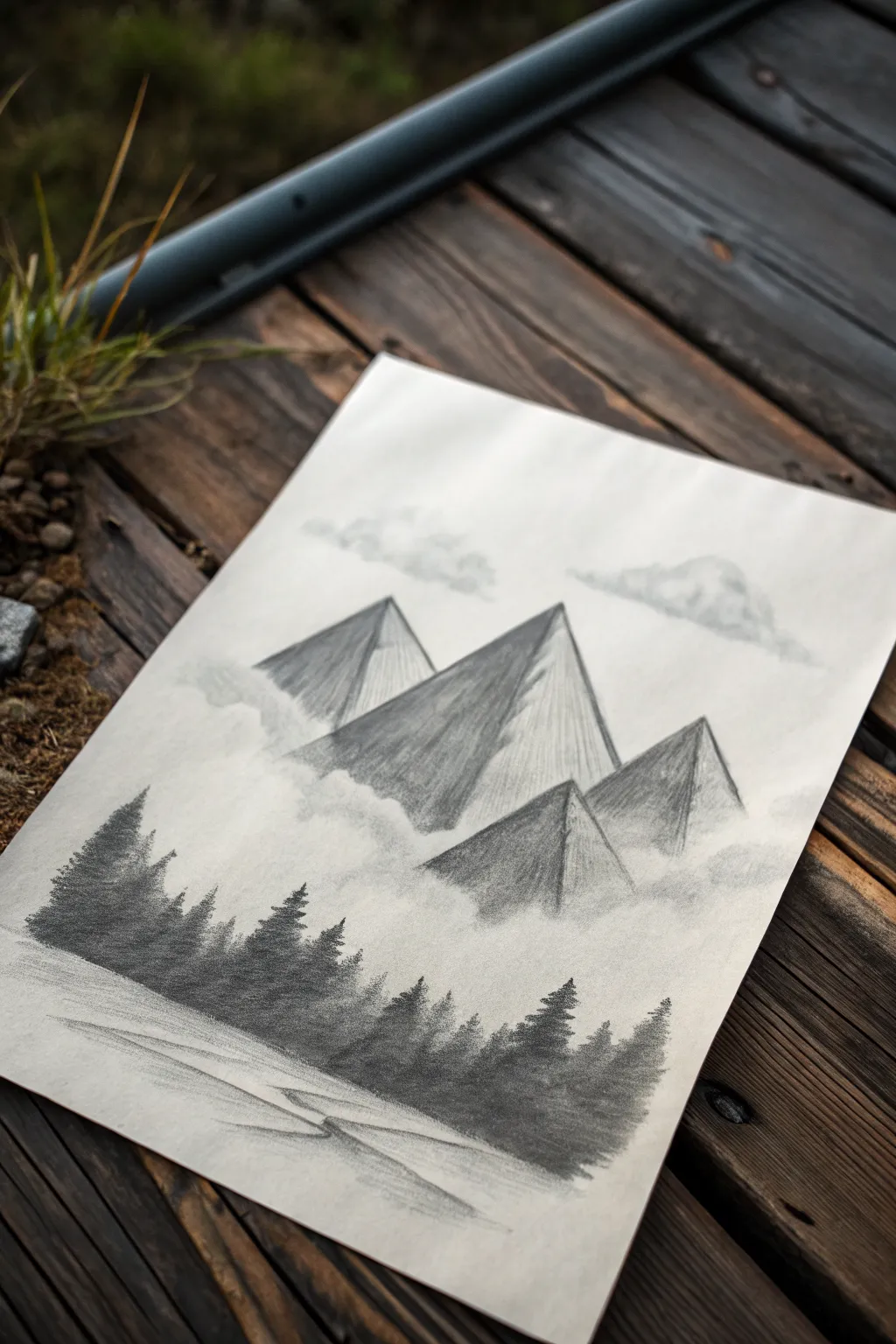 Easy charcoal mountain range with mist: crisp peaks and soft smudged haze for beginners.