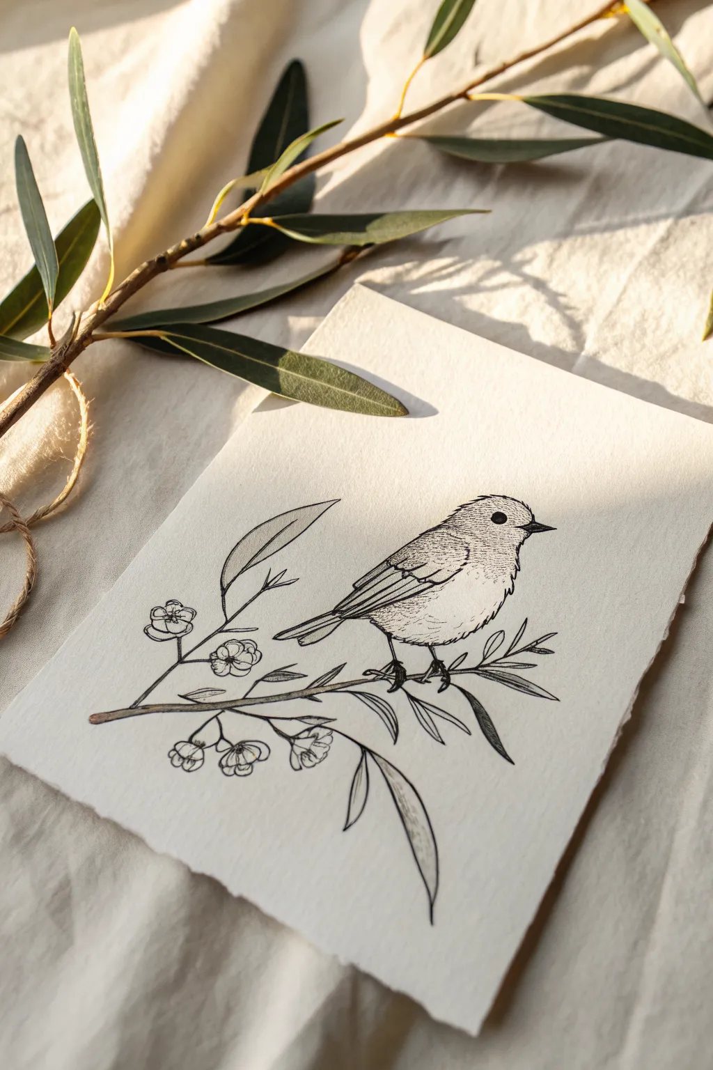 Tiny bird on a branch: an easy, calming line sketch that beginners can draw in minutes.