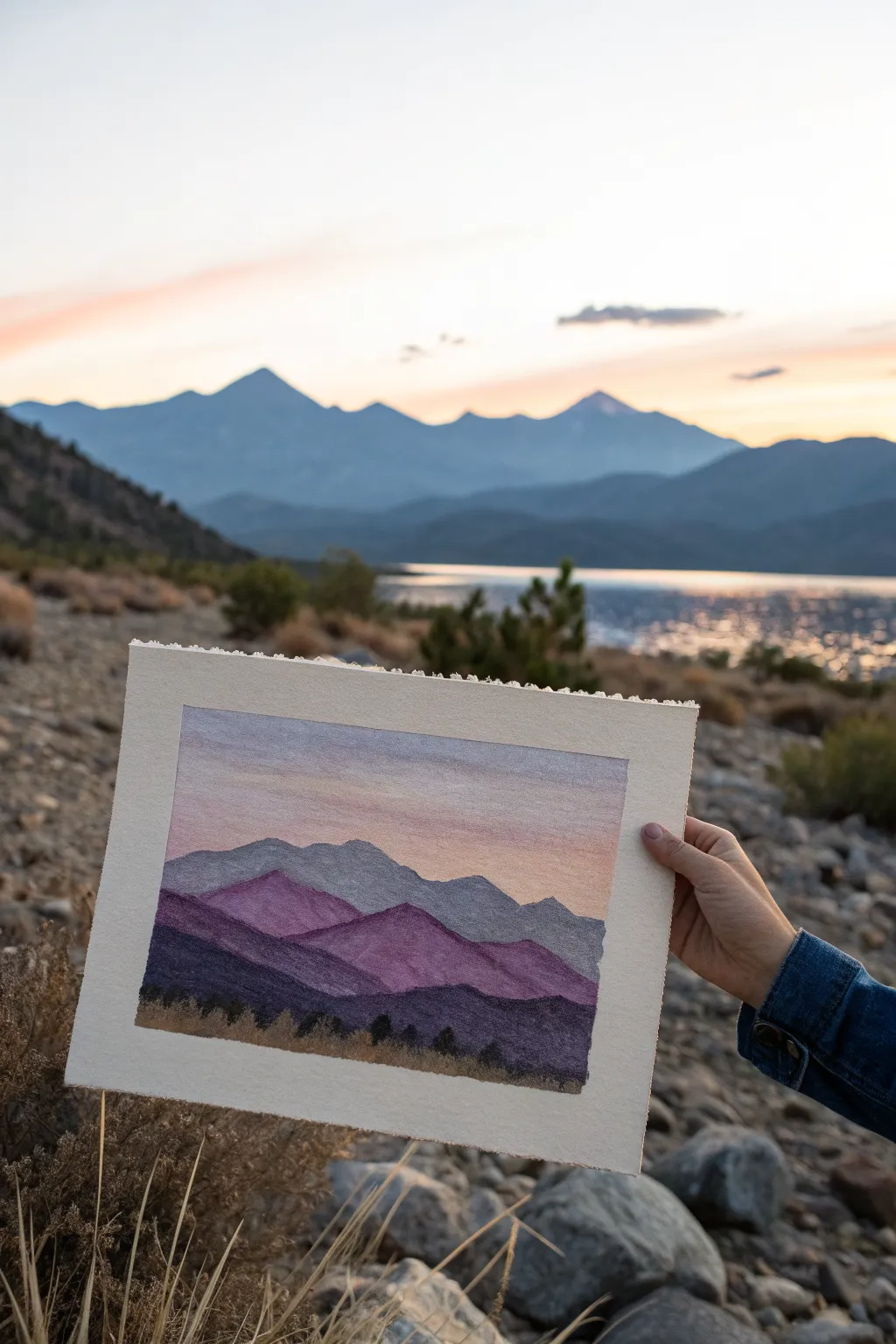 Easy oil pastel mountains: three layered silhouettes under a blended dusk sky, perfect for beginners