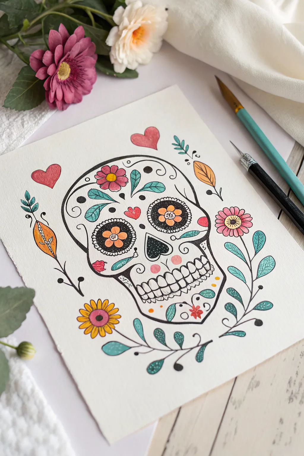 Easy sugar skull painting: bold outline and simple vibrant flowers on a soft pastel background