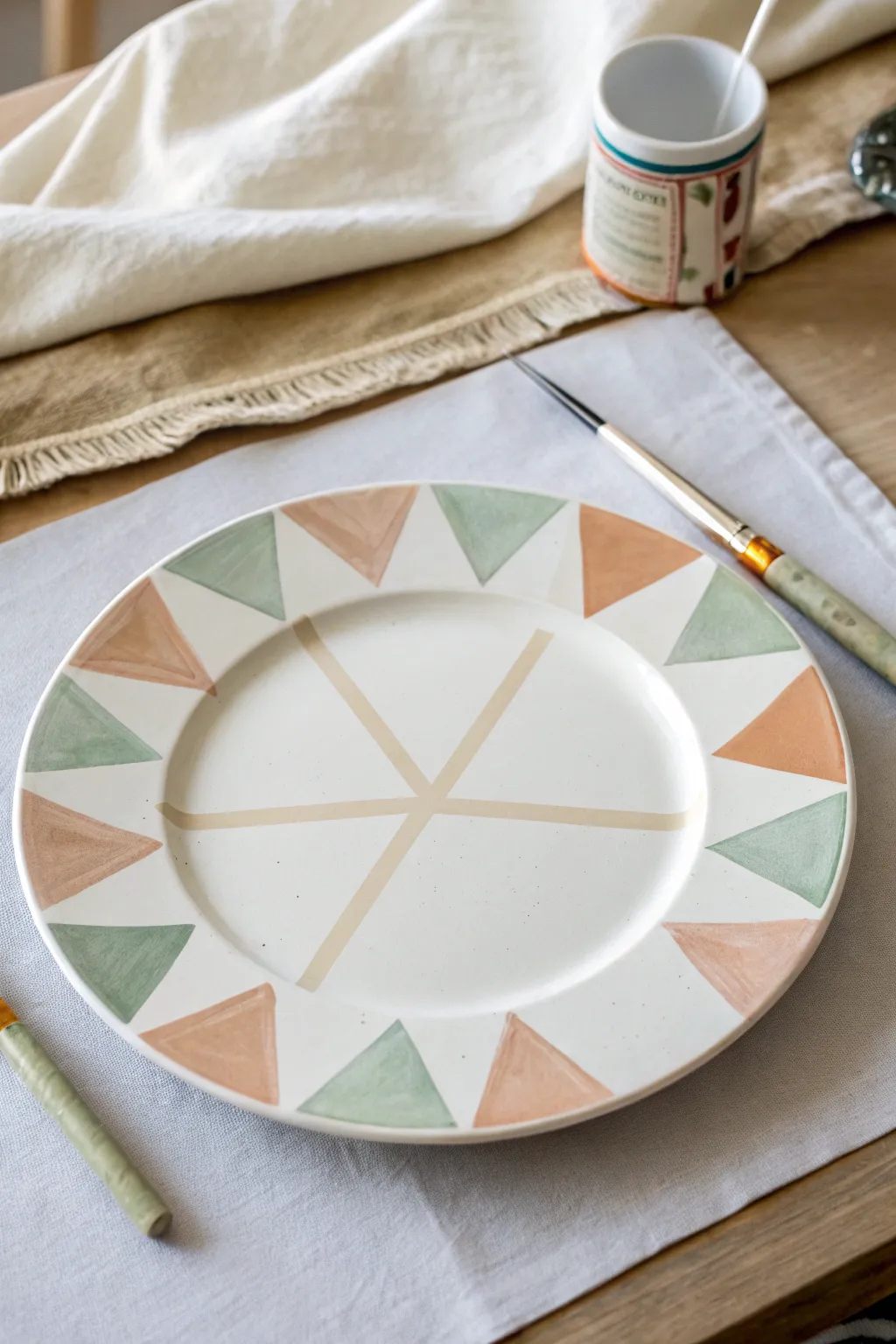 Tape-blocked triangle plate painting in muted boho colors, perfect for easy beginner designs.