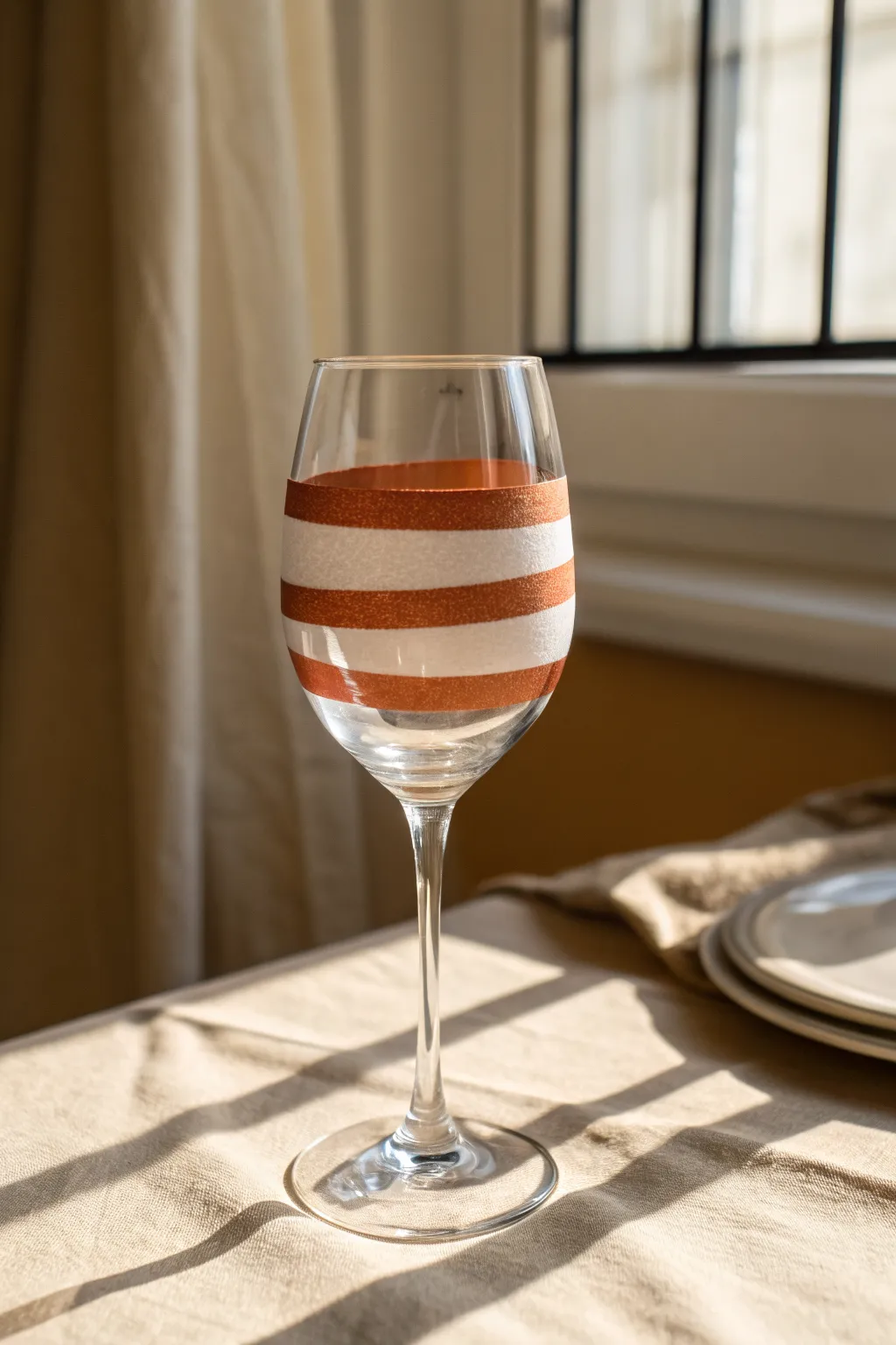 Tape-guided stripes on a wine glass for crisp, beginner-friendly painted bands at home.