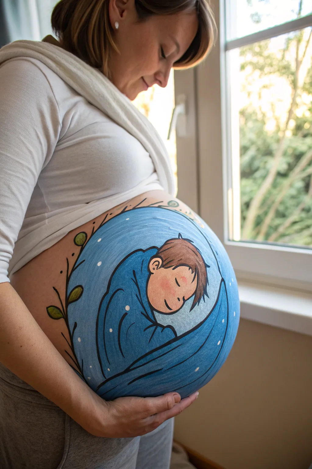 Sleepy baby boy swaddle belly painting in soft blue, minimalist boho style with cozy depth.