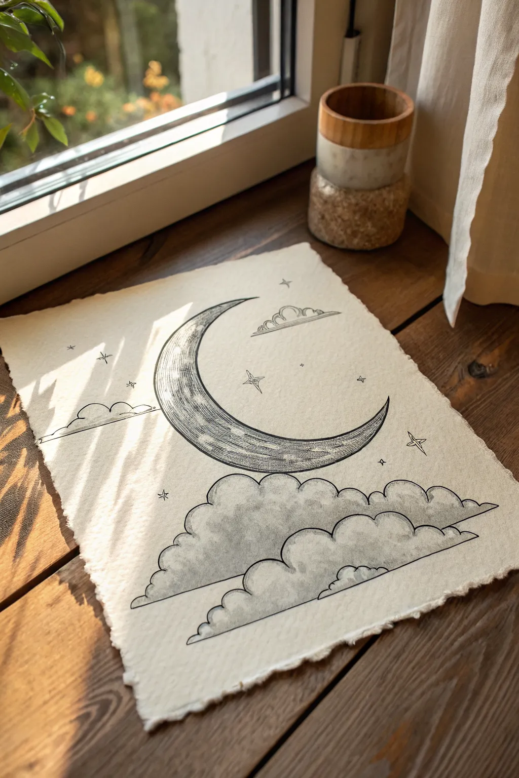Oversized moon with puffy clouds, bold outlines and soft shadows for an easy big drawing
