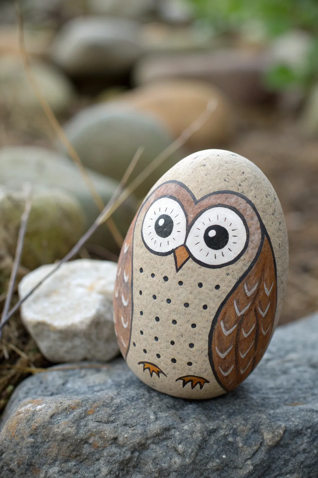 Minimal owl face rock painting with oversized eyes, simple lines, and calm Nordic boho vibes.