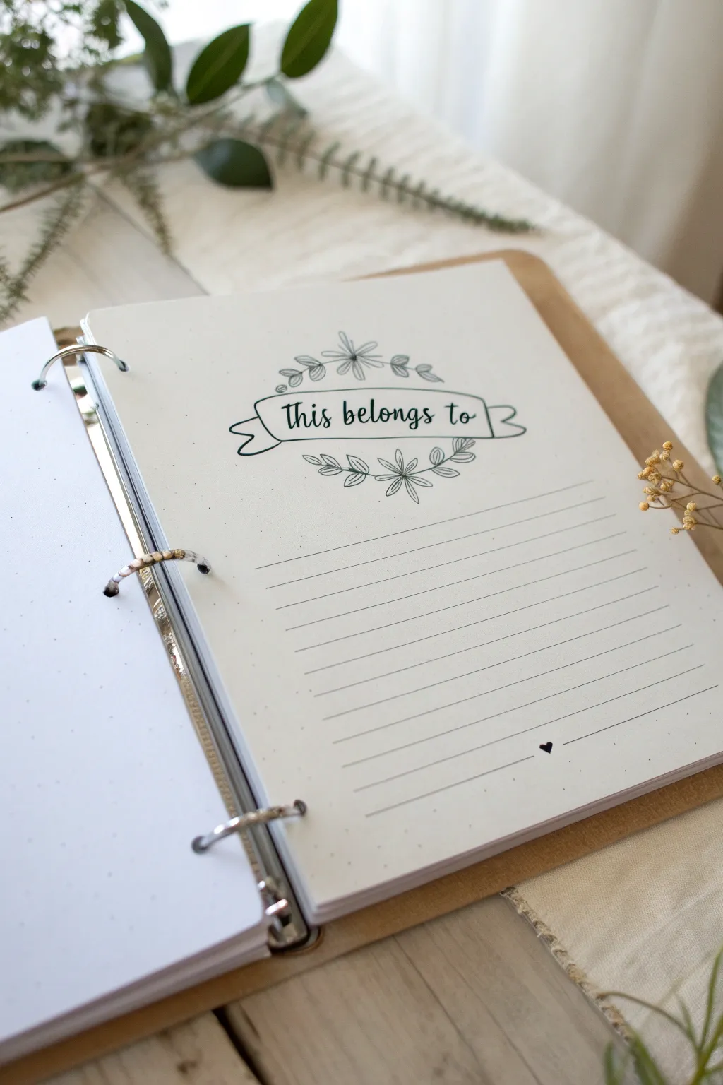 Minimal binder insert banner with hand-lettered belongs-to label, sparkles, and boho accents