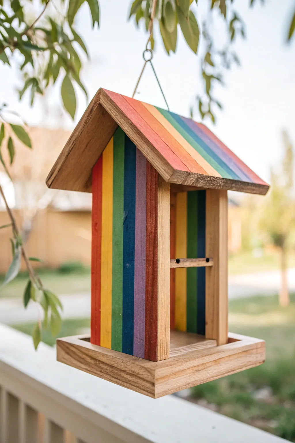Bold rainbow stripe bird feeder with natural wood accents, minimal backdrop, high-contrast pop.