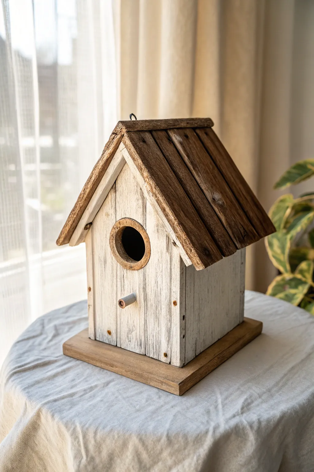Cozy farmhouse birdhouse with whitewashed wood and a darker roof, perfectly rustic and neutral
