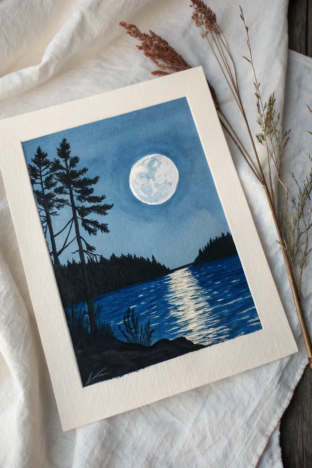 Paint a serene full moon over deep blue water with a bold black shoreline and soft ripples.