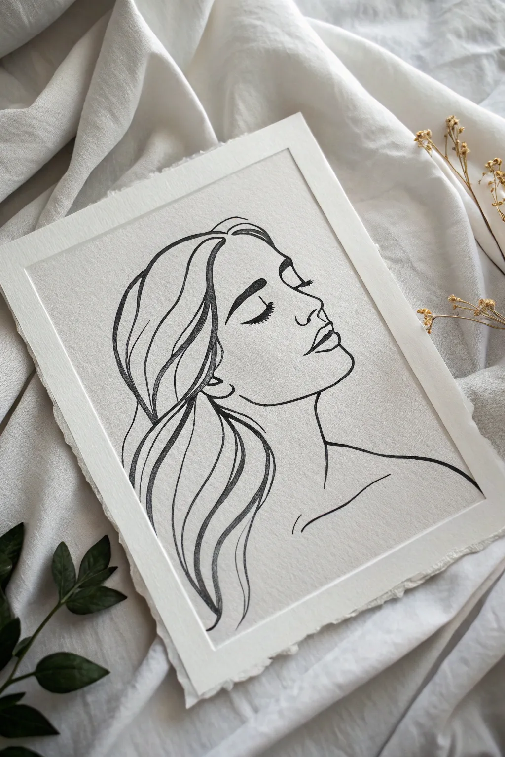 Elegant black line portrait on a soft grey wash, minimalist and airy for modern black and grey art.
