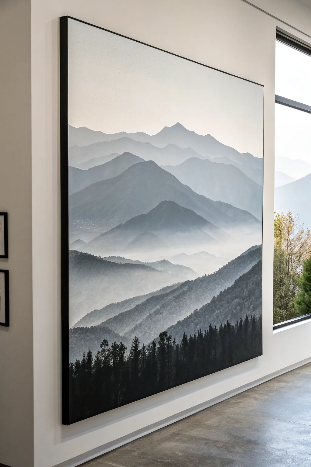 Minimal monochrome mountain layers in misty grays for a calm, modern black and white canvas idea