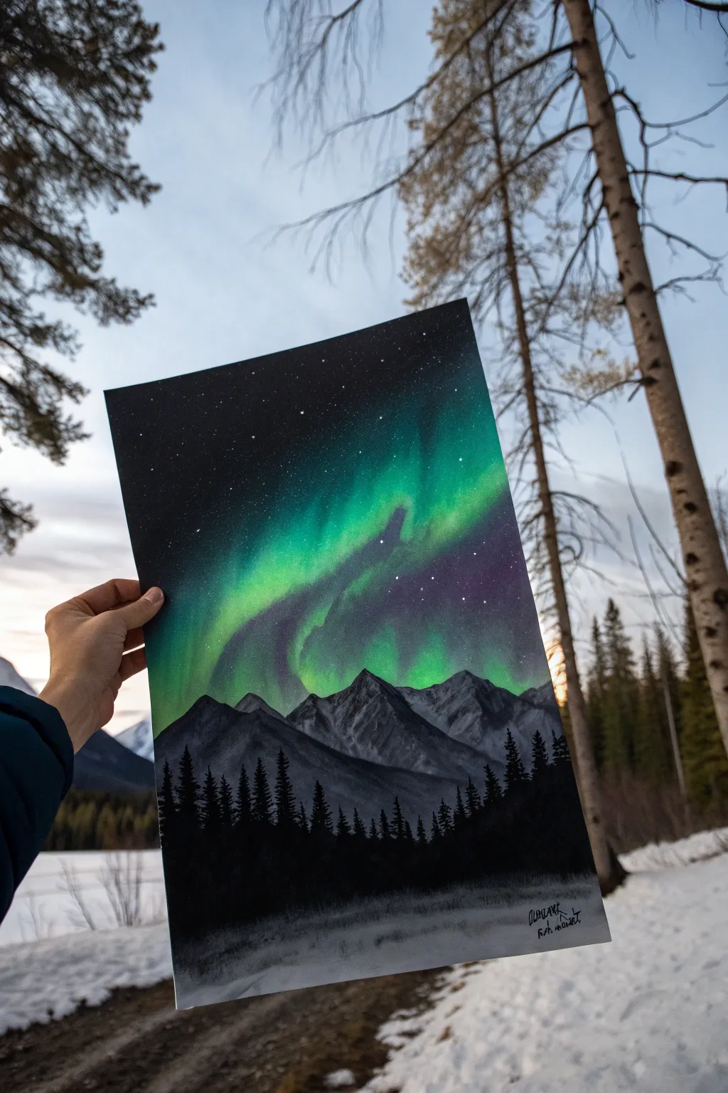 UV aurora ribbons in neon green and blue over matte mountains, minimalist blacklight painting idea