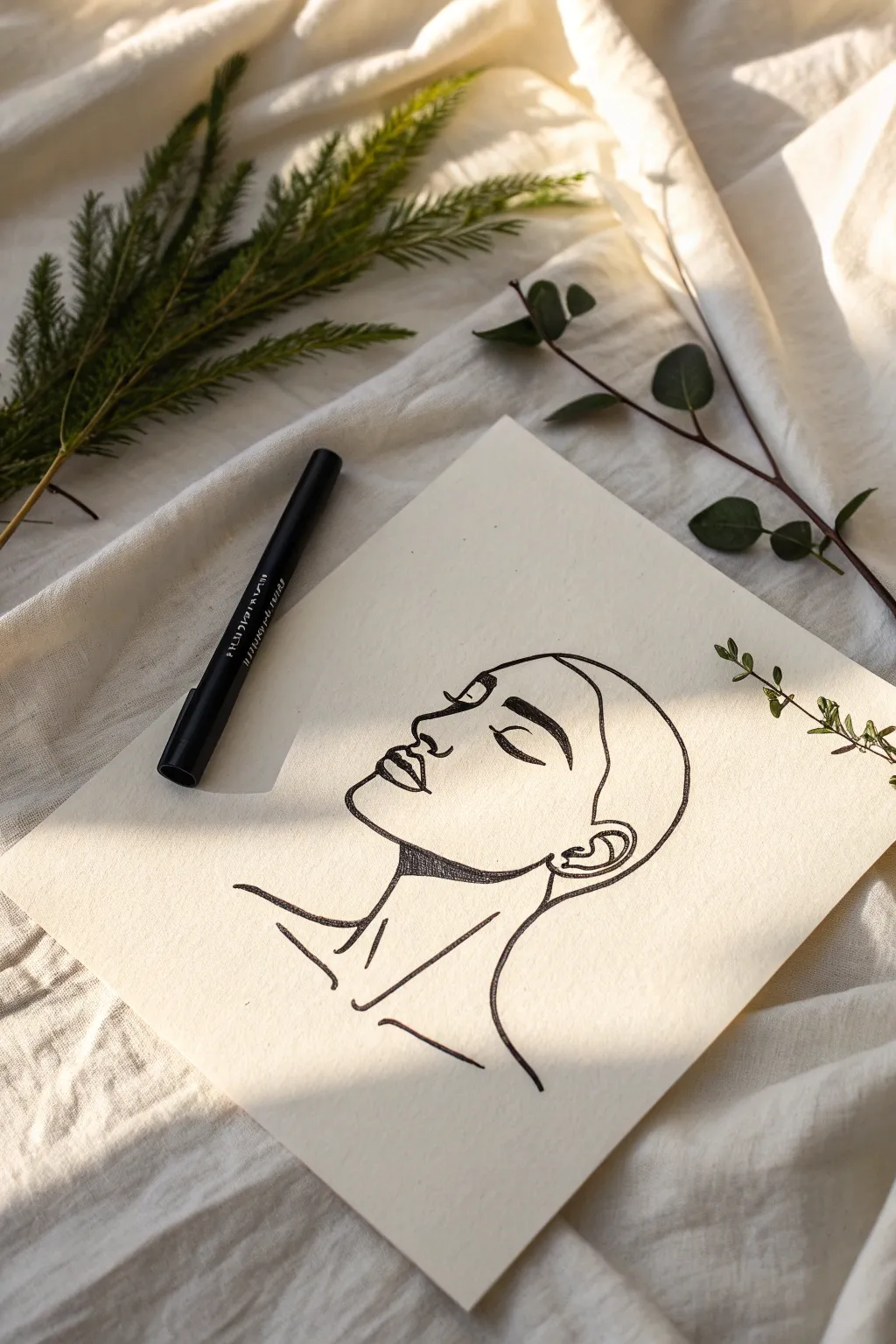 Minimal black marker profile portrait with bold hair shape and airy negative space, easy to draw.