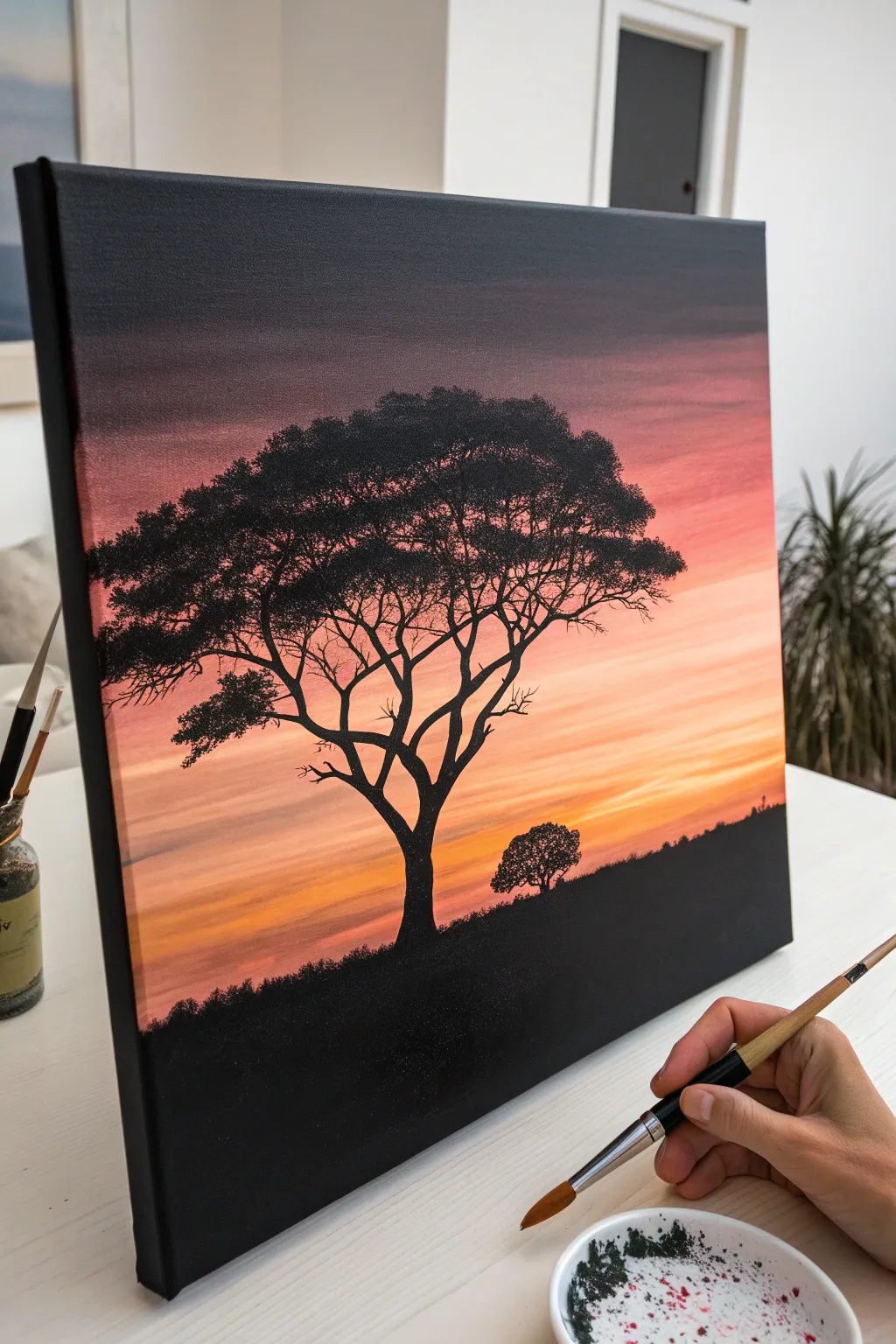 Crisp black tree silhouette meets a soft peach-to-magenta sunset glow on deep black