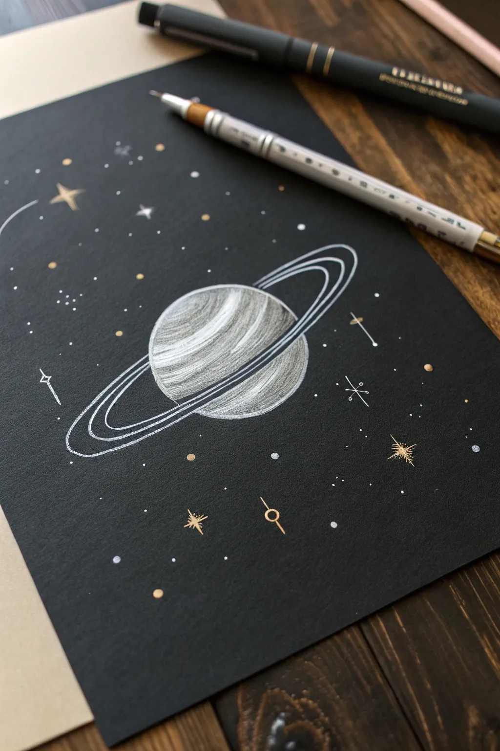 Ringed planet on black paper with soft glow and delicate metallic highlights