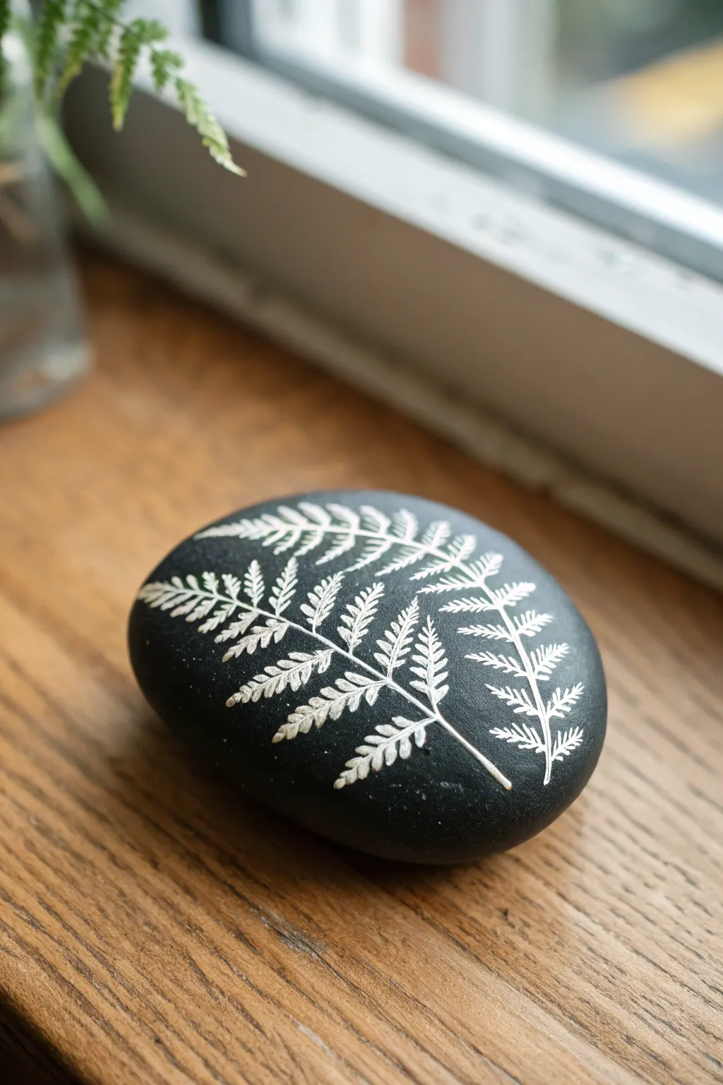 Minimal white botanical line art on a matte black rock, crisp contrast on warm wood