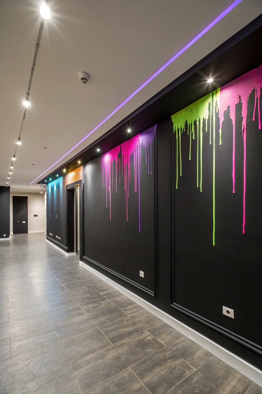 Glossy UV neon drips on a matte black accent wall for a bold yet minimalist glow-up.