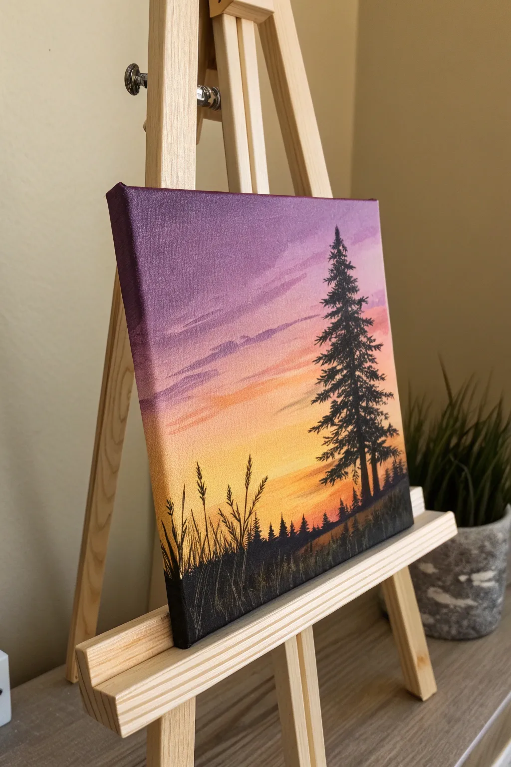 Classic sunset silhouette with an easy gradient sky and bold grasses for a striking blank canvas idea