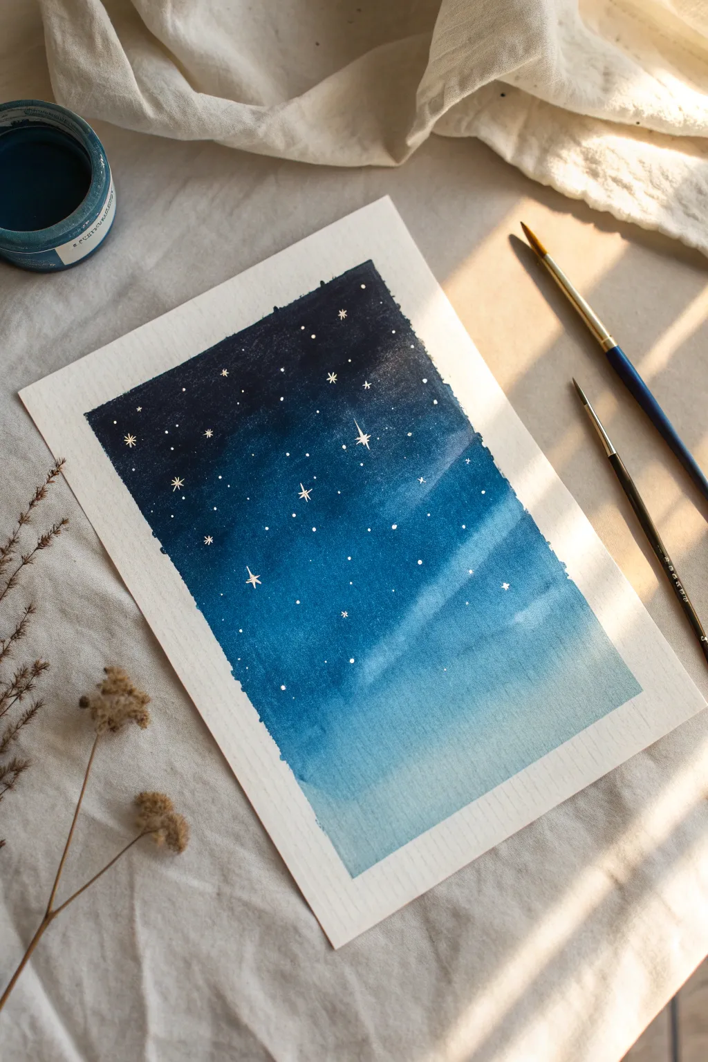 Blend a serene night sky wash from deep blue to black, finished with delicate star speckles.