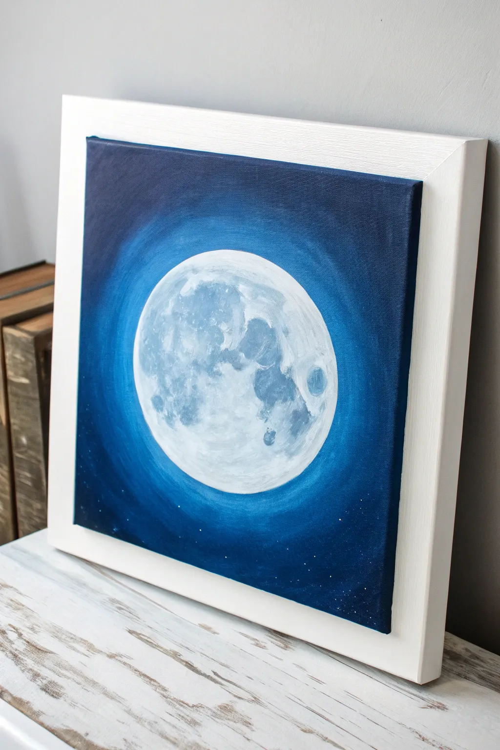 Full moon glow in layered blues, a minimalist acrylic study with Scandinavian and boho calm.