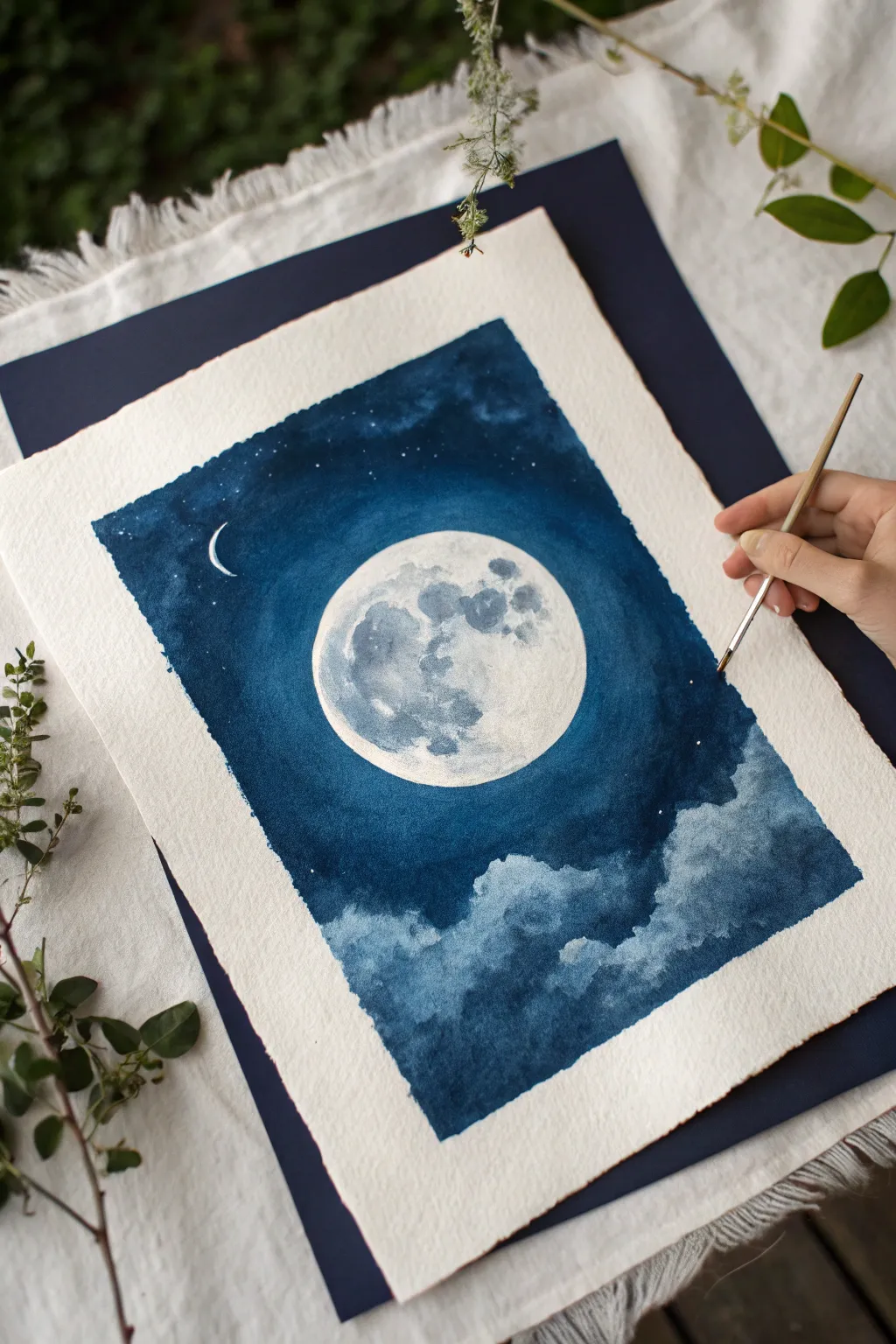 Moon glow on deep navy: minimalist blue-background painting with soft cloud wisps