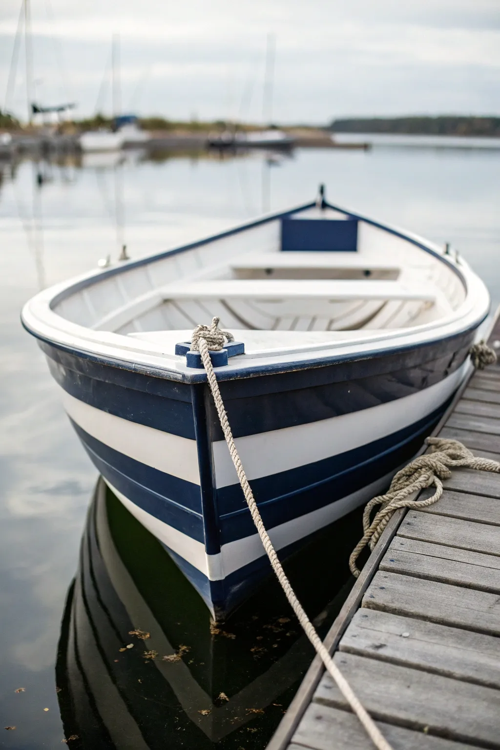 Navy-and-white banded hull in soft morning light, a minimalist nautical paint idea with timeless charm