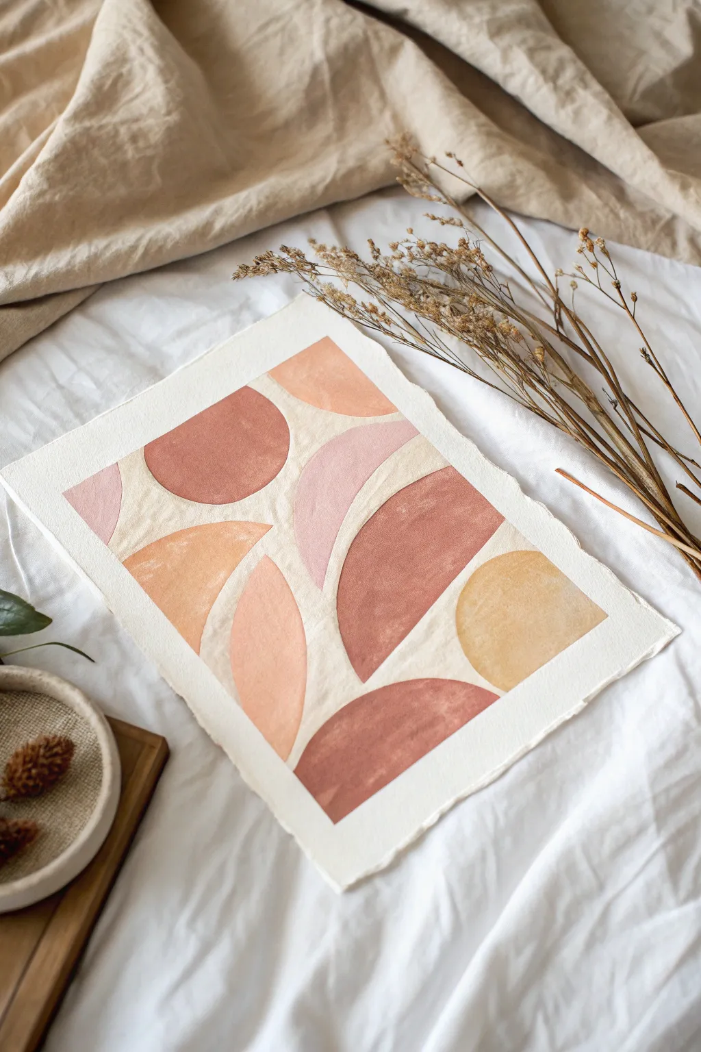 Easy boho color blocking with rounded shapes in dusty pink, ochre, and beige
