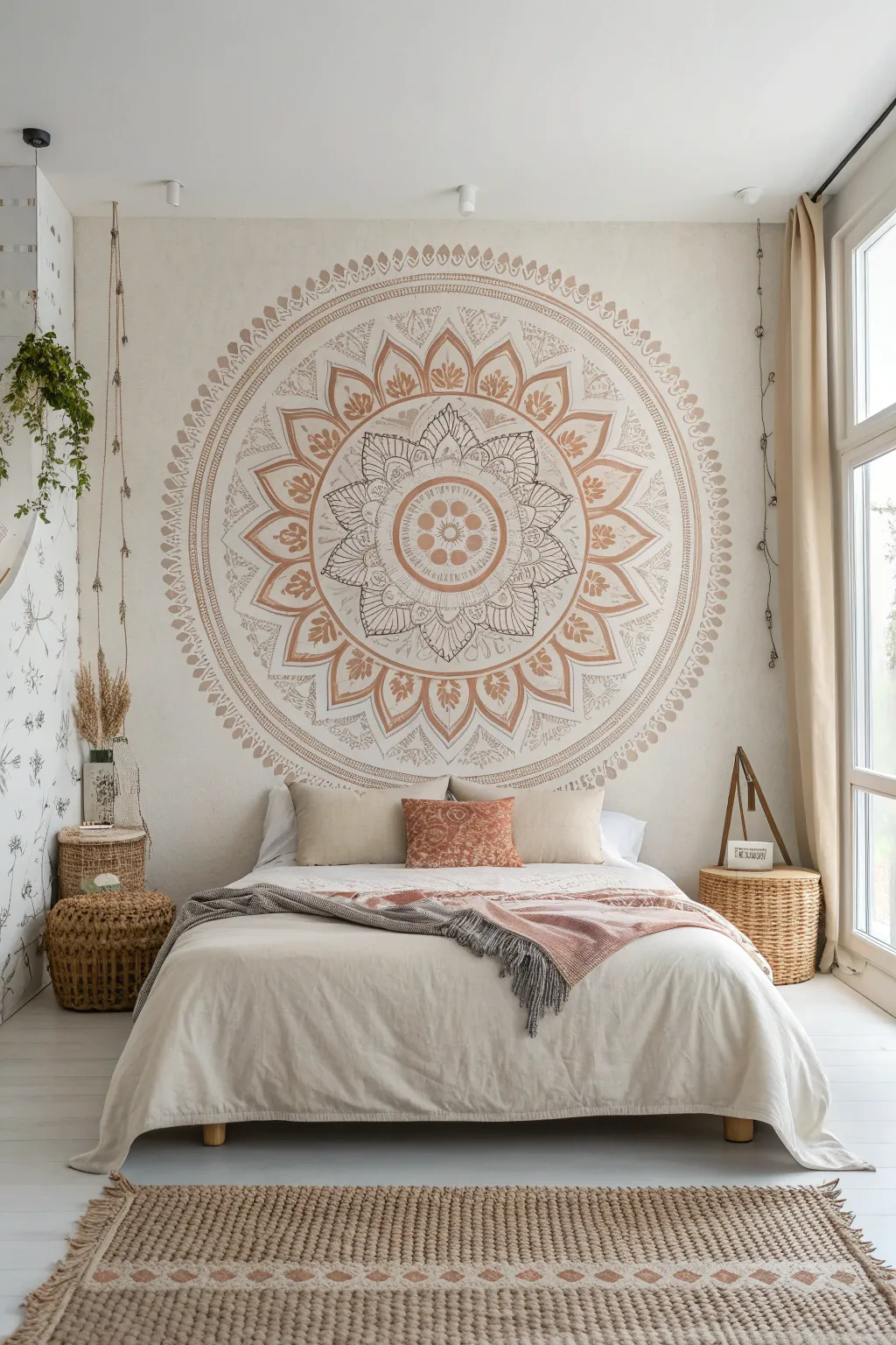 Oversized neutral mandala mural with subtle boho warmth, hand-drawn charm, and calm contrast