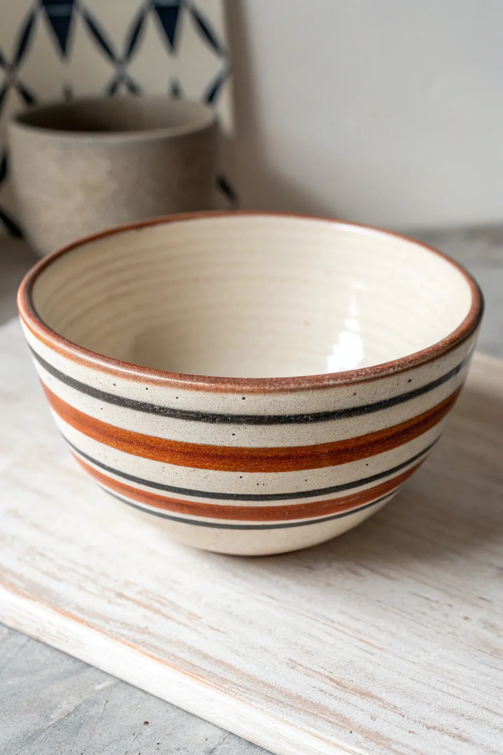 Clean striped bands give this handmade bowl a modern Scandinavian with a soft boho touch.