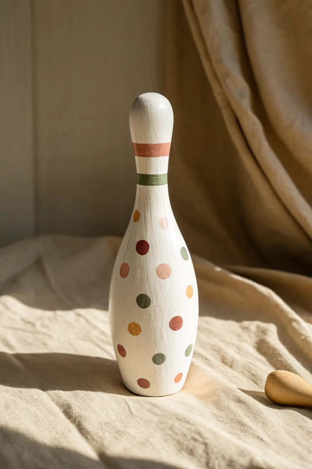 Playful polka dot bowling pin in soft boho colors, a bright centerpiece for easy painting ideas