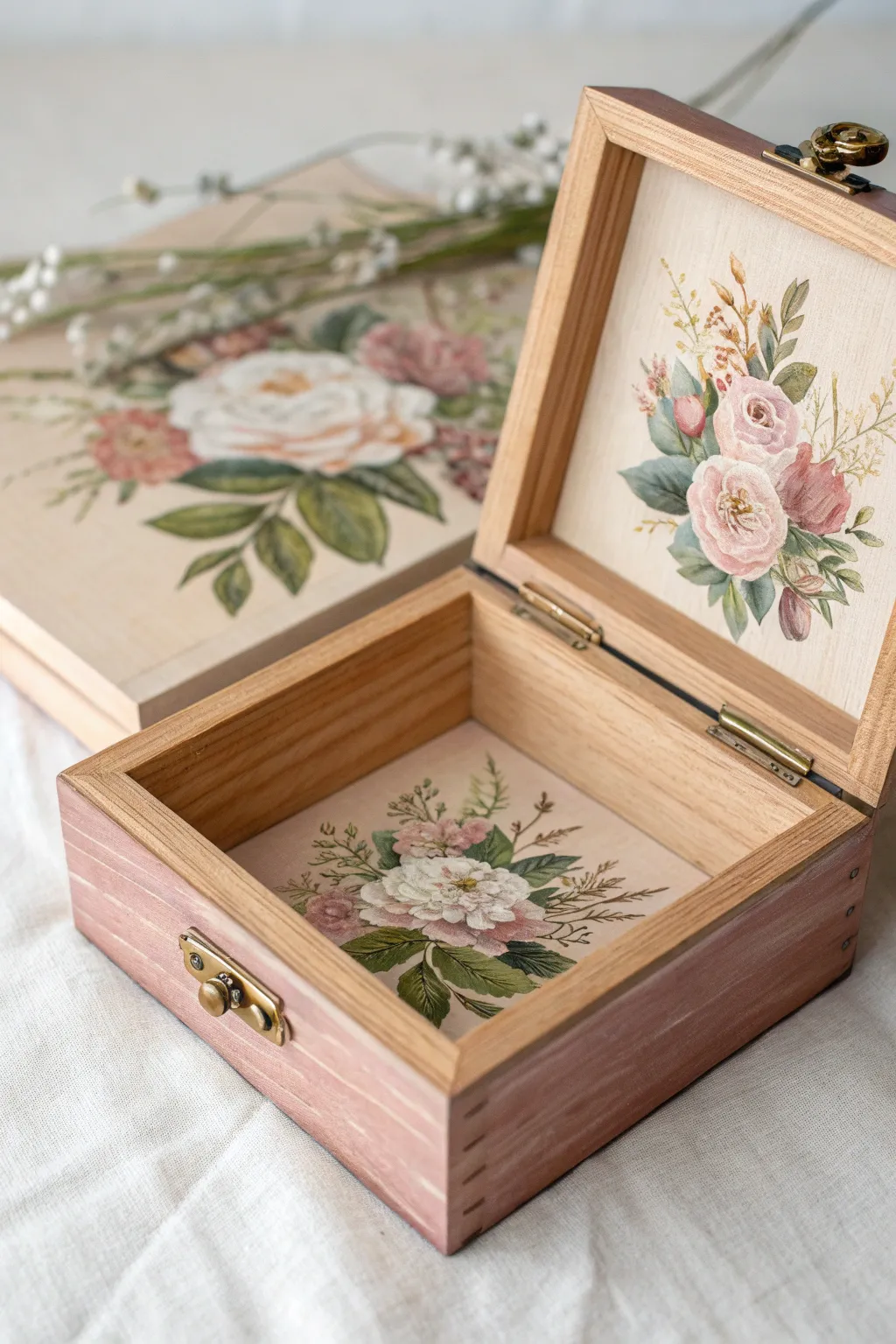 Soft muted florals on a handcrafted keepsake box lid, minimalist boho charm for easy painting.