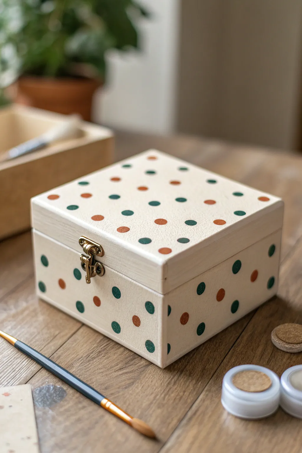 Easy polka dots turn a simple keepsake box into a playful, modern boho accent for your vanity.
