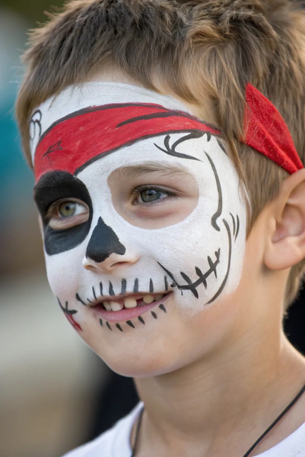 Pirate skull half-face with scar and brow slash, minimalist mood, bold contrast close-up