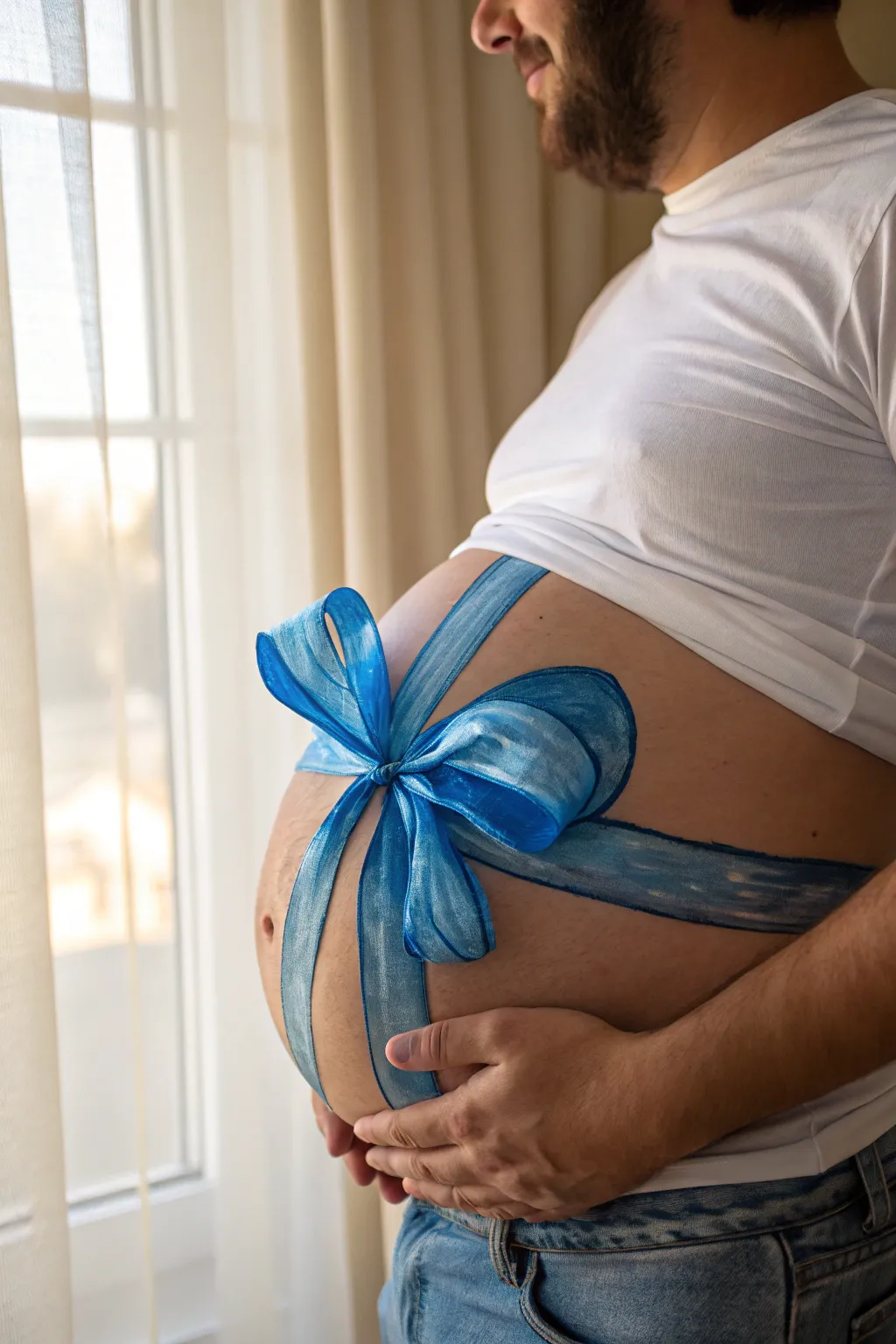 Blue satin ribbon belly paint with a bold bow, minimalist Scandinavian boho look and crisp contrast