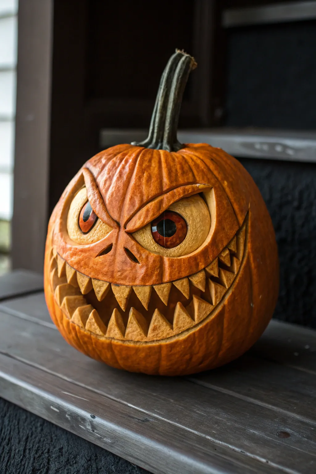 Snarling pumpkin monster with chunky teeth and deep shadows, minimalist yet bold for Halloween.