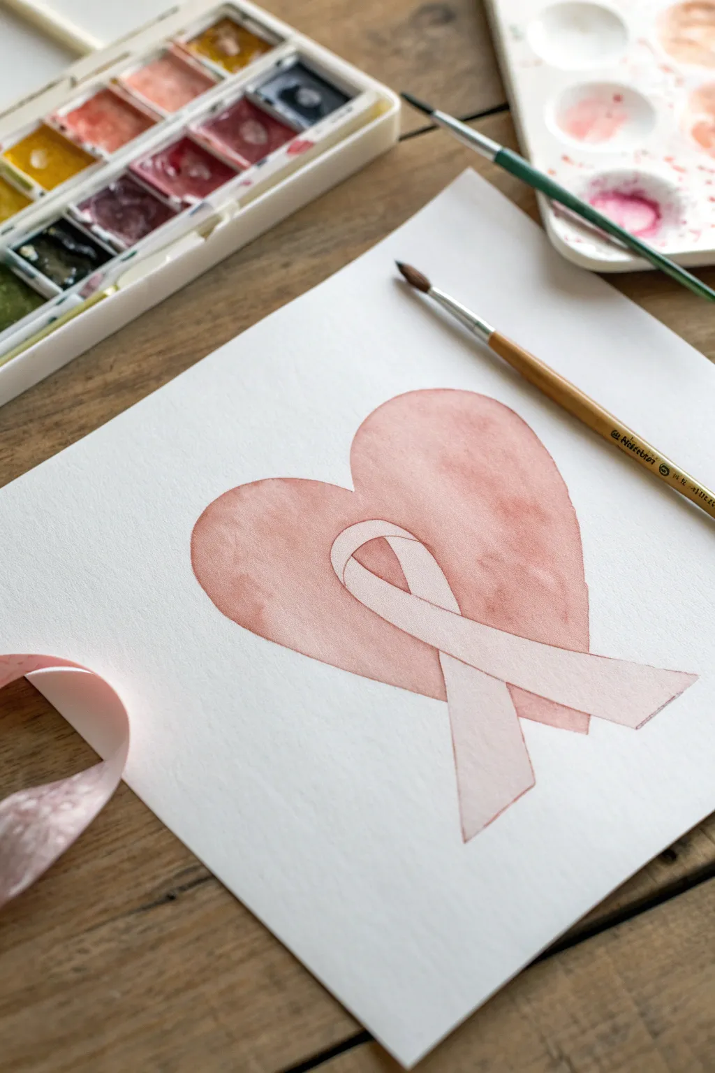 Minimalist blush heart with a powerful ribbon in negative space, soft gradients and high contrast.