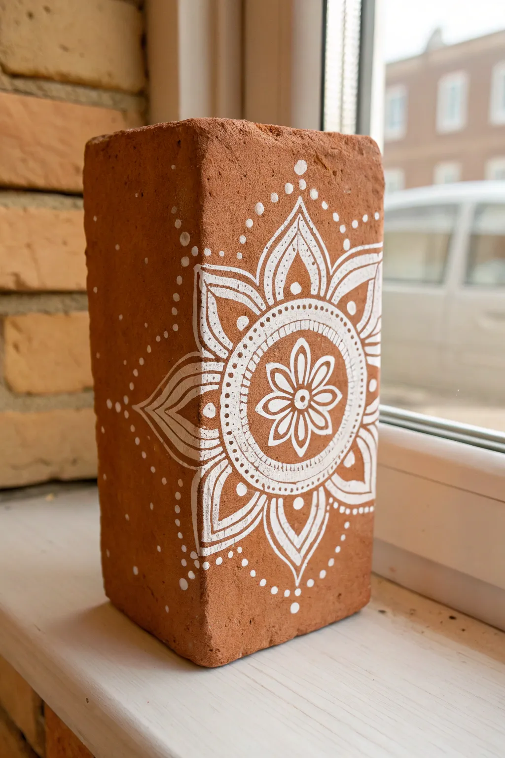 A simple white mandala on a textured brick, clean lines and soft boho calm in focus.
