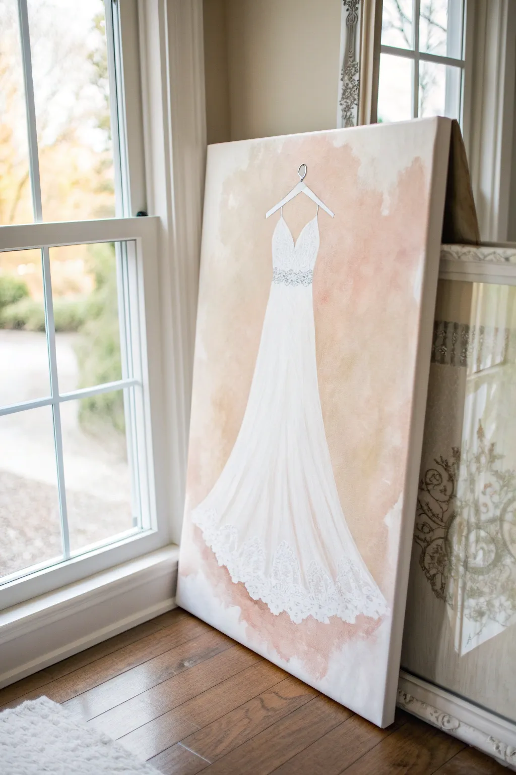Elegant bridal shower paint idea: minimalist white wedding dress silhouette with lace texture