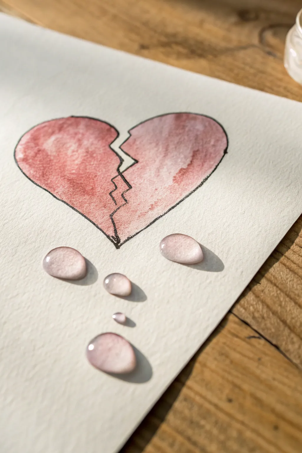 Minimal broken heart drawing with glossy falling tears, soft boho tones, and strong contrast