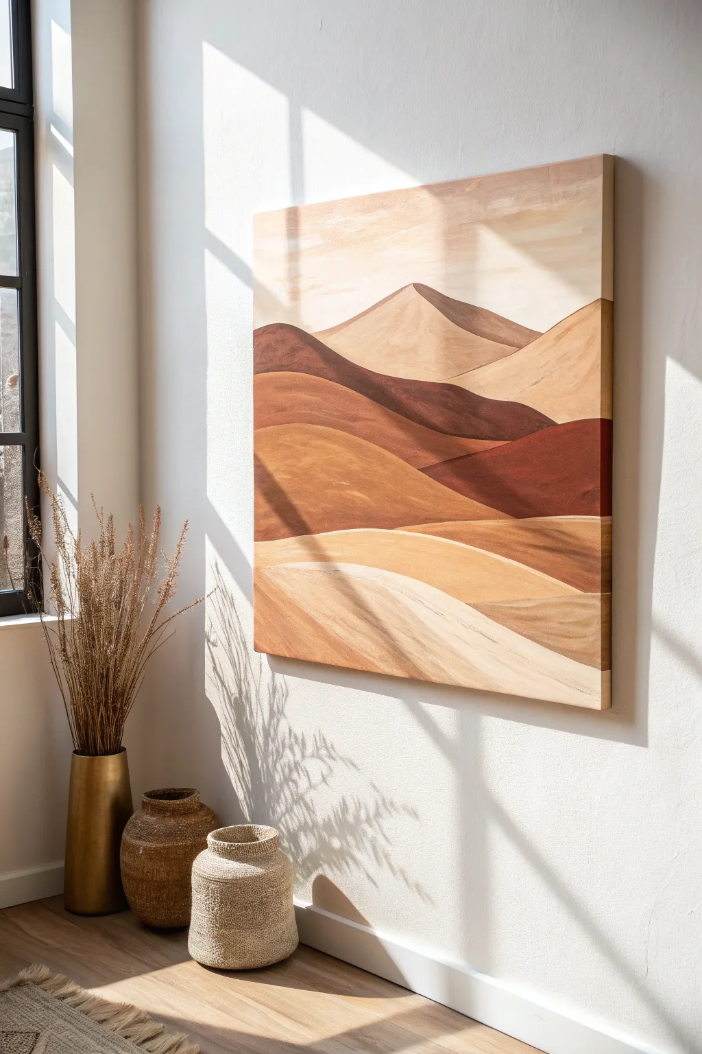 Warm brown desert dunes on canvas, with one crisp shadow line that makes the gradients pop.