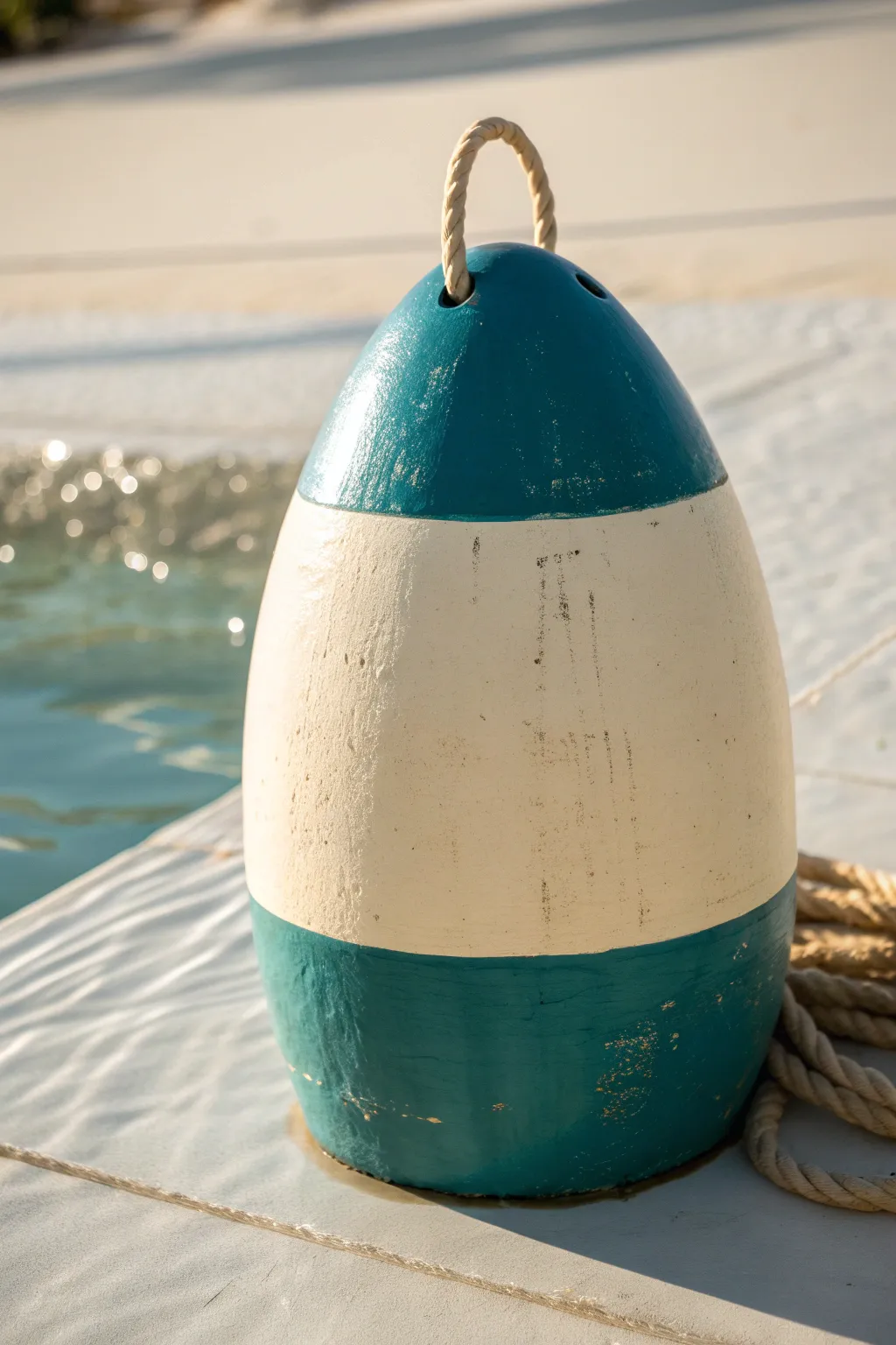 Bold two-tone buoy color blocking in teal and cream, clean minimalist contrast with artisanal texture