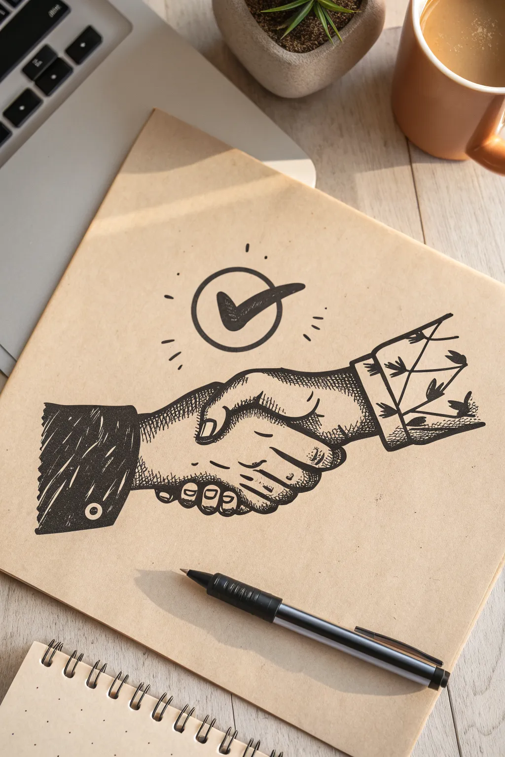 Minimal handshake doodle with a tiny check mark, perfect for partnership business sketch ideas.