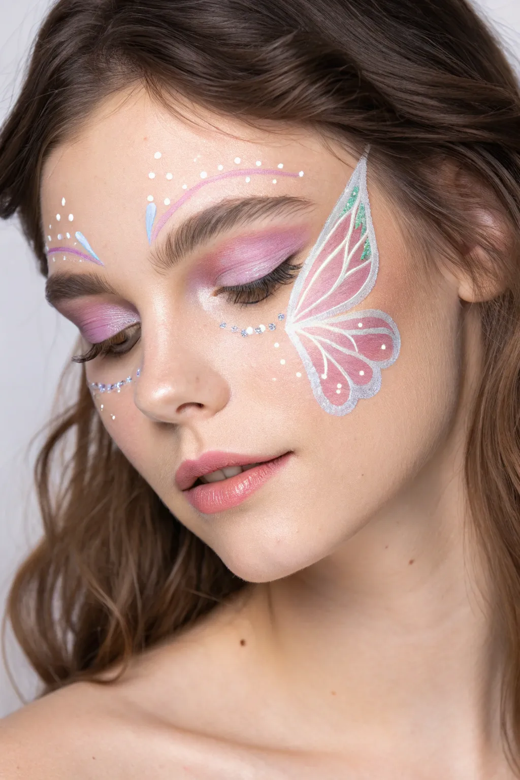 Soft pastel butterfly face paint with airy white highlights for a dreamy fairy finish