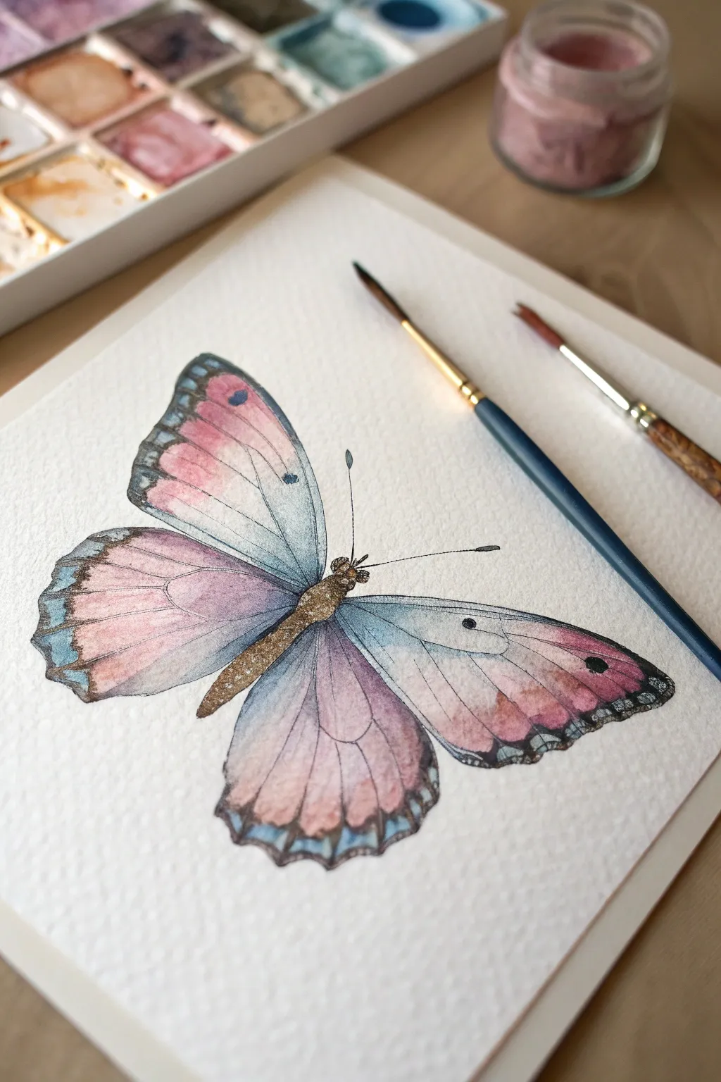 Soft wet-on-wet watercolor butterfly with blooming wings and delicate contrast details