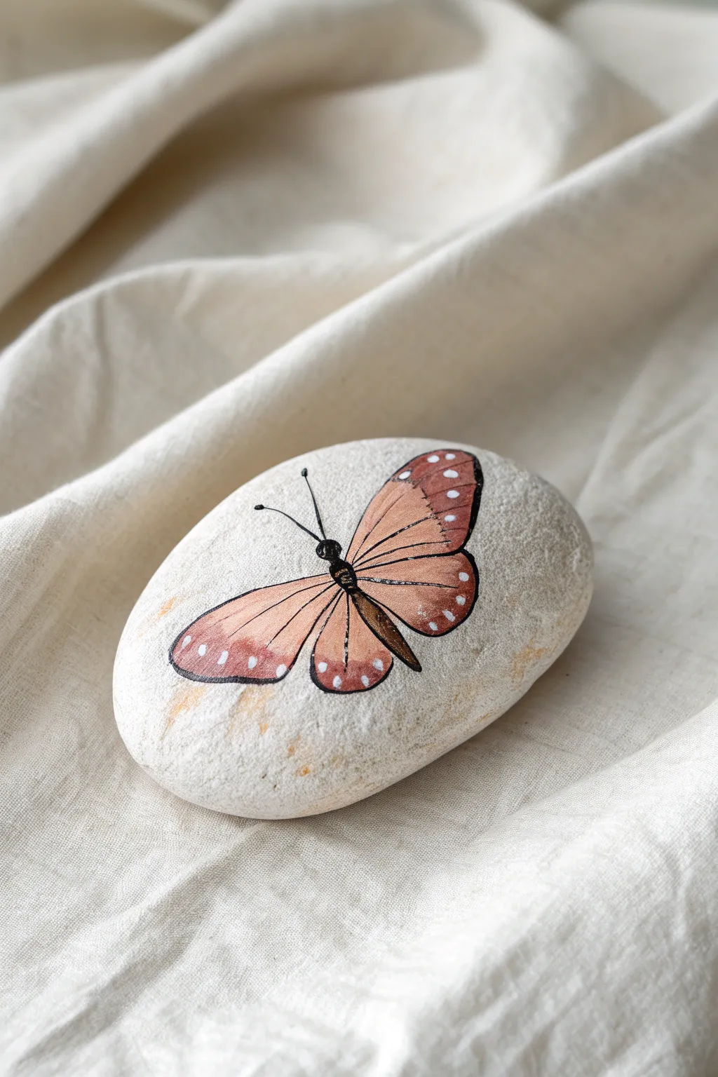 Minimalist side-profile butterfly on a curved rock in soft boho tones with clean contrast