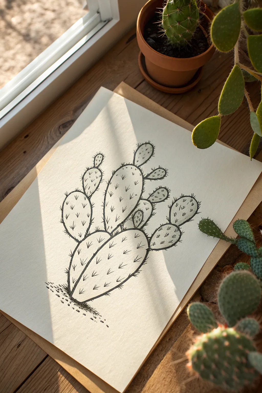 Minimal prickly pear paddle stack illustration with dotted areoles, clean lines and cozy boho tones.