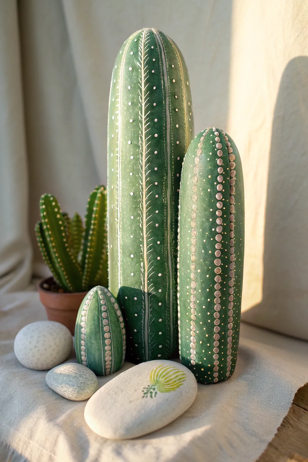 Tall column cactus rock trio in varied greens, with delicate spines and soft highlights, Scandi boho.